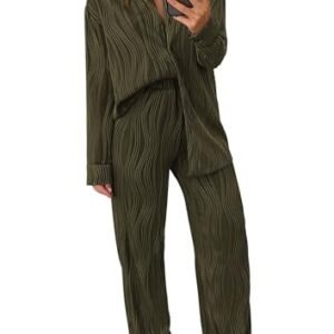 PRETTYGARDEN Women's Casual Fall 2-Piece Textured Outfit: Button-Down Shirt & Wide Leg Pants