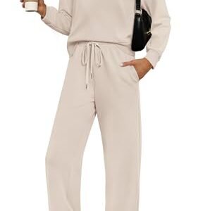Casual Two Piece Sets for Women - Mock Neck Top and Wide Leg Pants