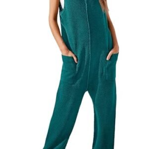 Casual Loose Knit Jumpsuit with Sleeves, V-Neck, and Pockets for Women